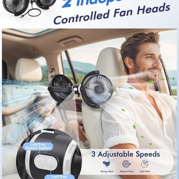 Dual Car Cooling Fans for Backseat 3 Speed Separate Controlled Quiet Brushless - Picture 2 of 9